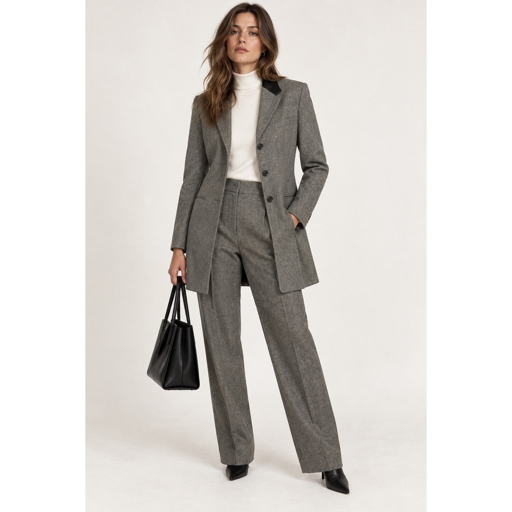 VTG Lauren Ralph Lauren Pant Suit Sz 14 Wool Herringbone Leather Collar Office